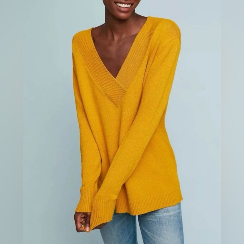 Anthropologie Womens S Mustard Yellow V-Neck Knit Oversized Long Sleeve Sweater